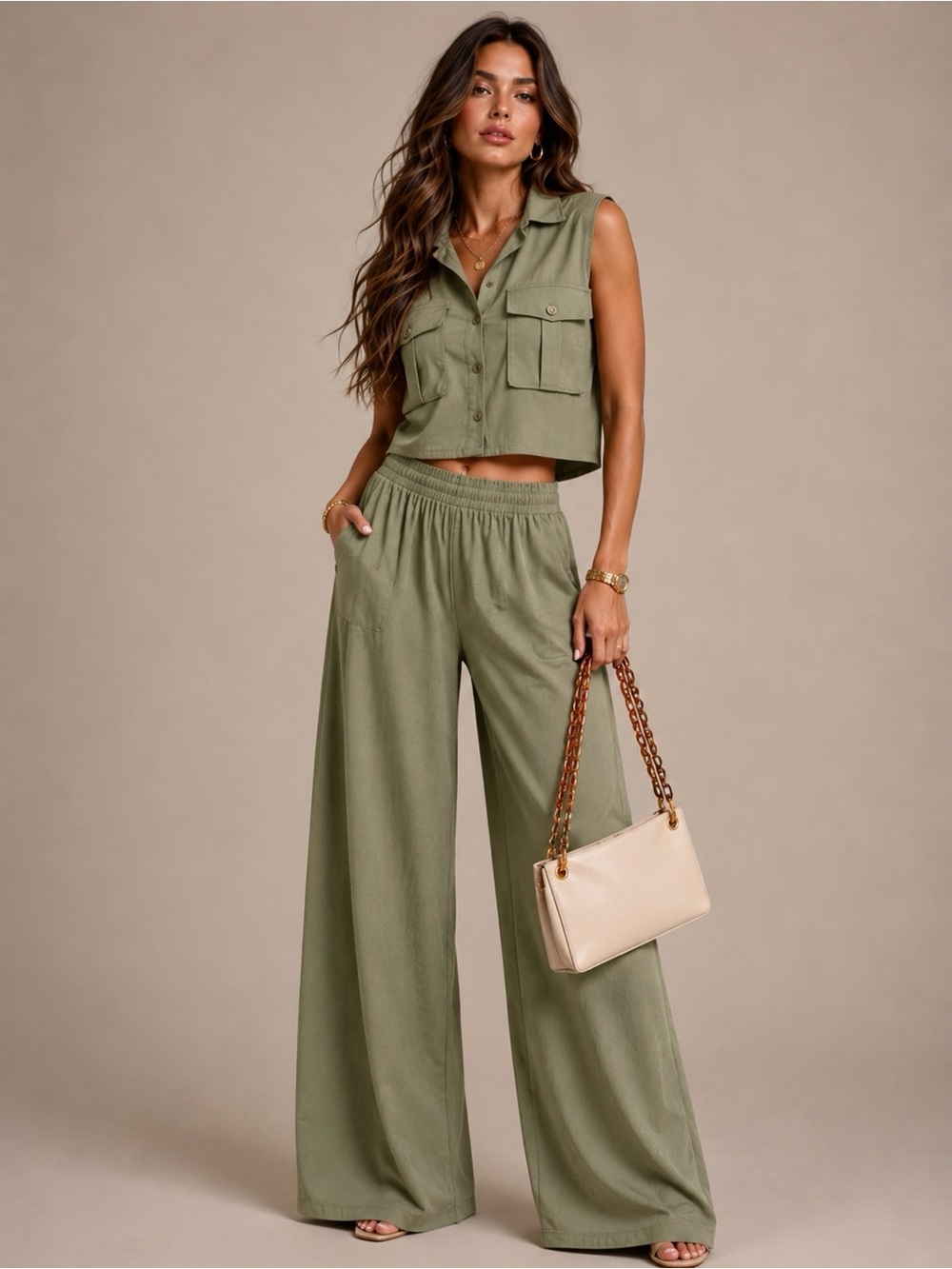 NWT Button Down Top & Pant Set - Olive Green